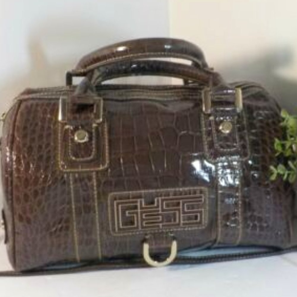 Guess Satchel Handbag W/Shoulder Strap in High Gloss Brown Faux Crocodile Skin